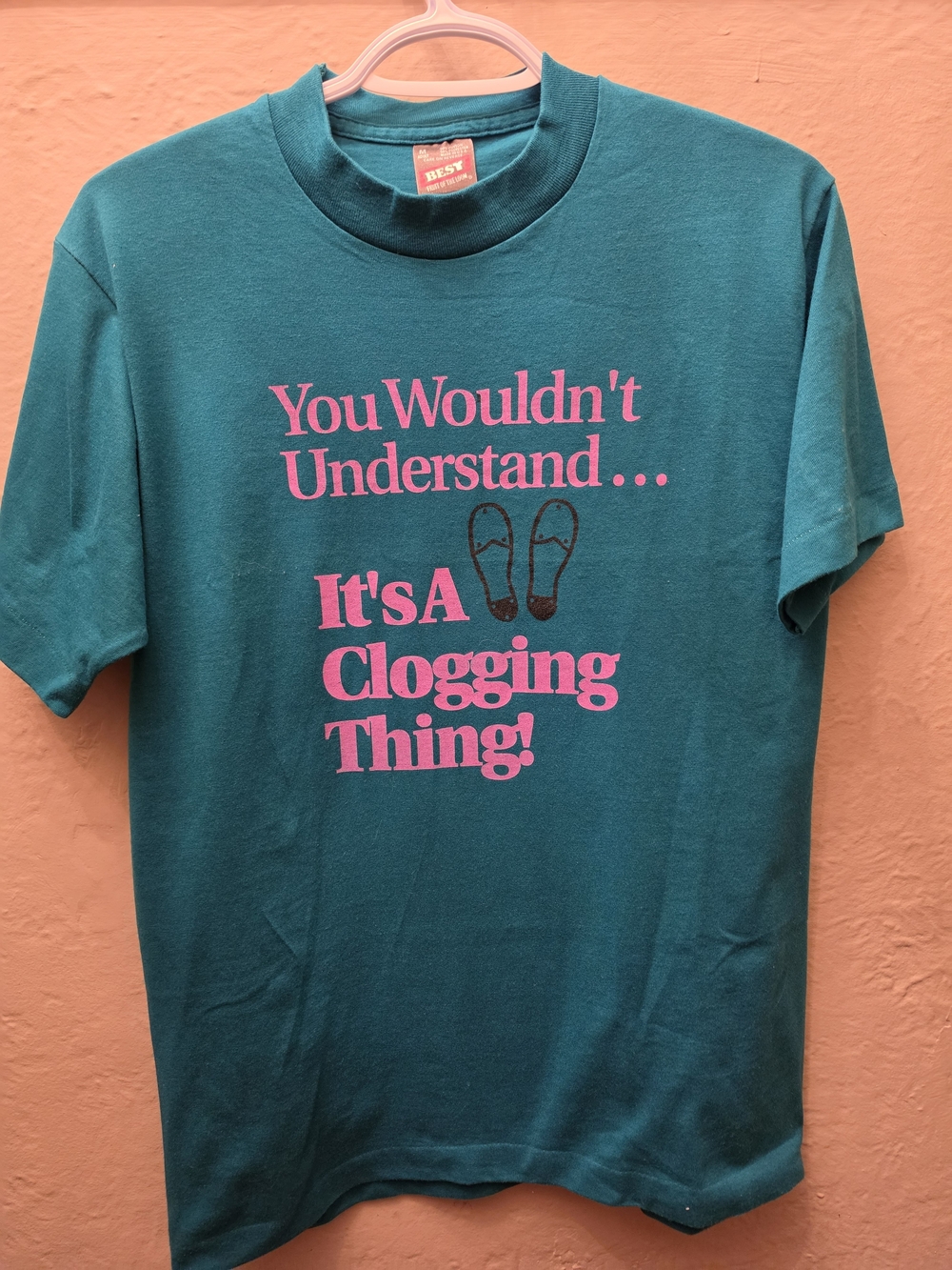 Vintage 80s/90s Single Stitch Clogging Thing Tee M Teal Pink Dance Shirt - Picture 11 of 11